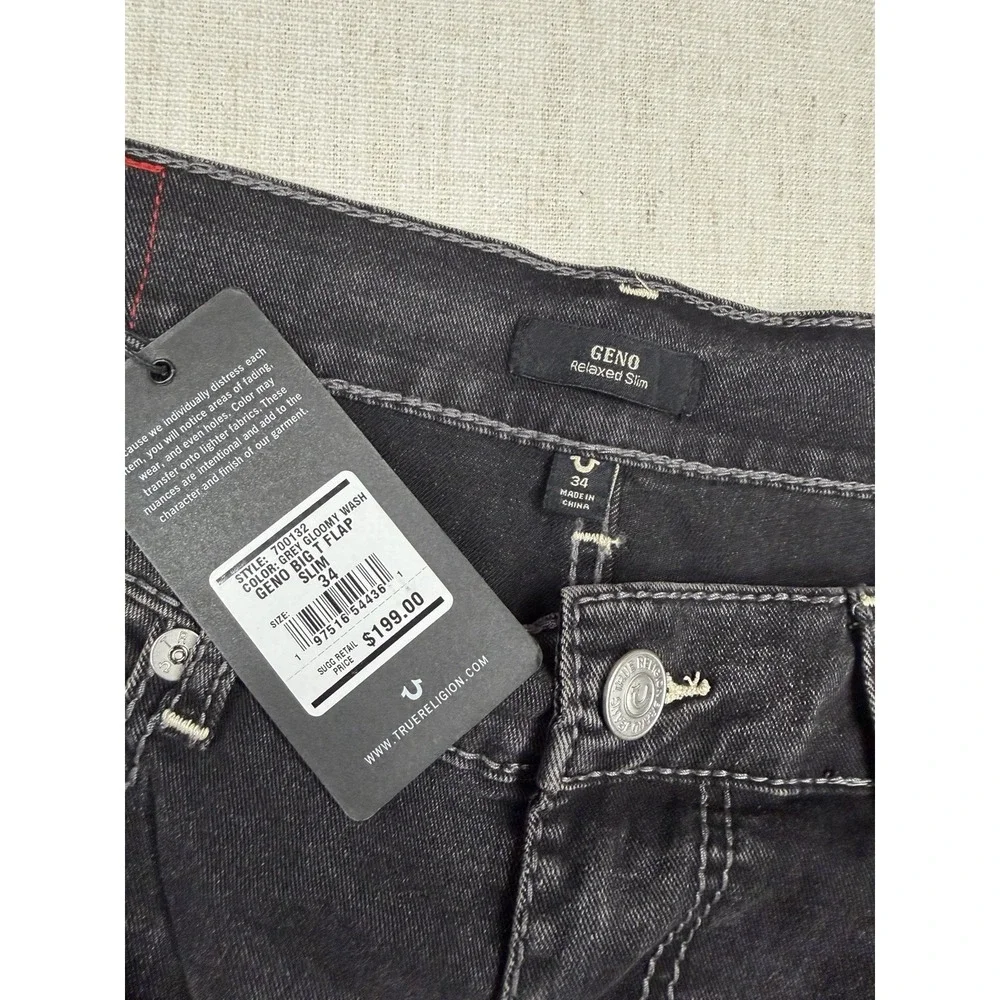 True Religion Geno Slim Jeans Men 34x32 Grey Wash Big T Flap Pocket
